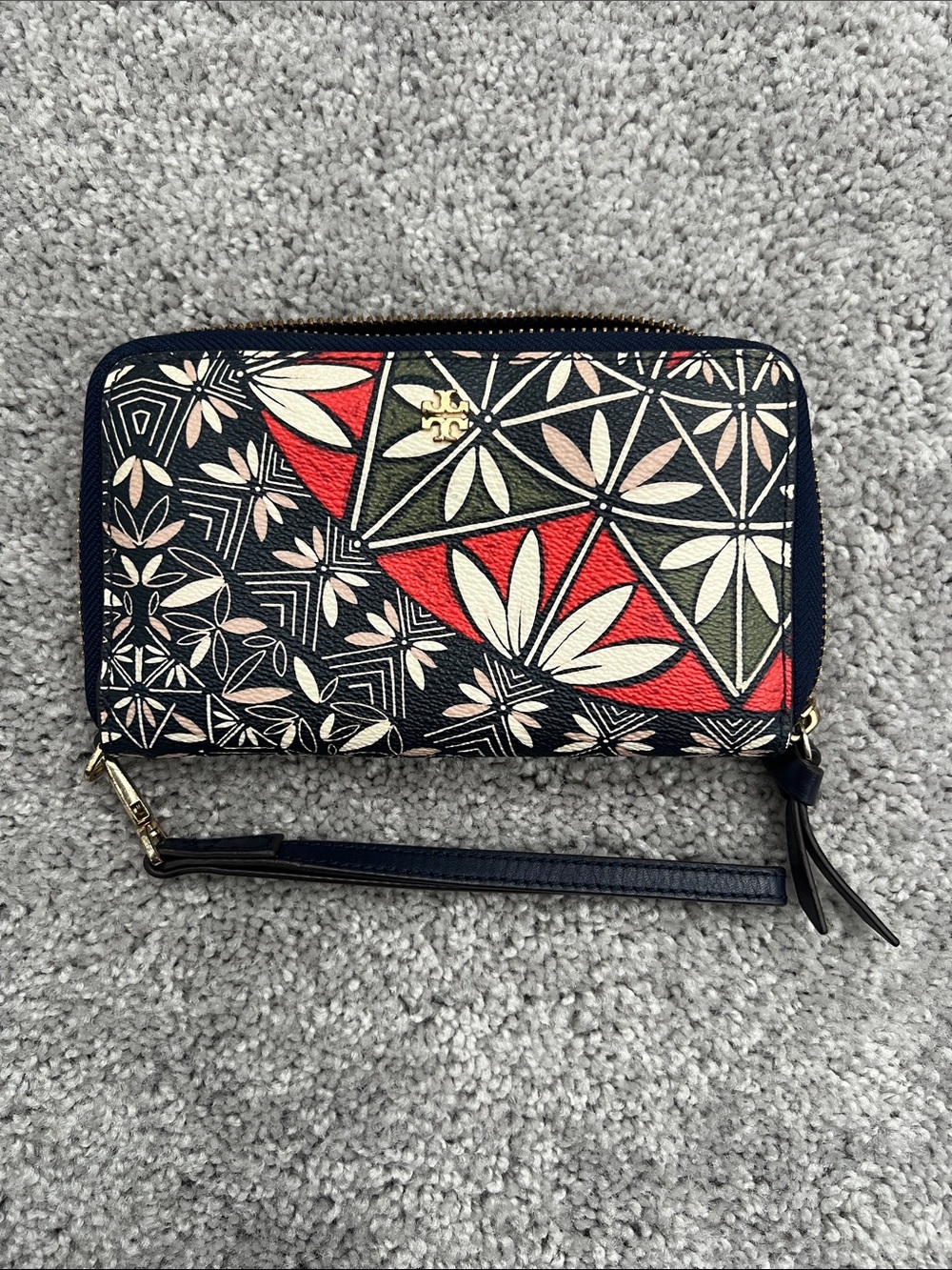 Tory Burch Navy Floral Geometric Zip Wristlet